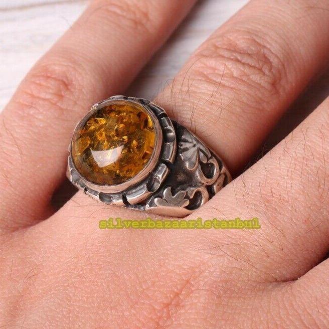 925 Sterling Silver Authentic Natural Yellow Amber Stone Mens Ring silverbazaaristanbul 