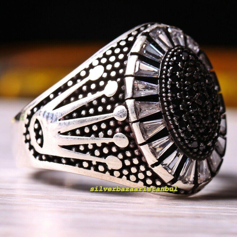 925 Sterling Silver Black Onyx and White Zircon Stone Crown Mens Ring silverbazaaristanbul 