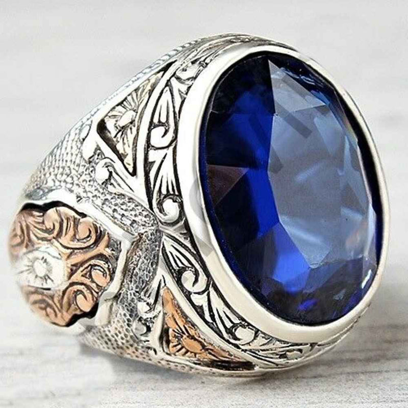 925 Sterling Silver Blue Sapphire Stone Handmade Ring for Men silverbazaaristanbul 