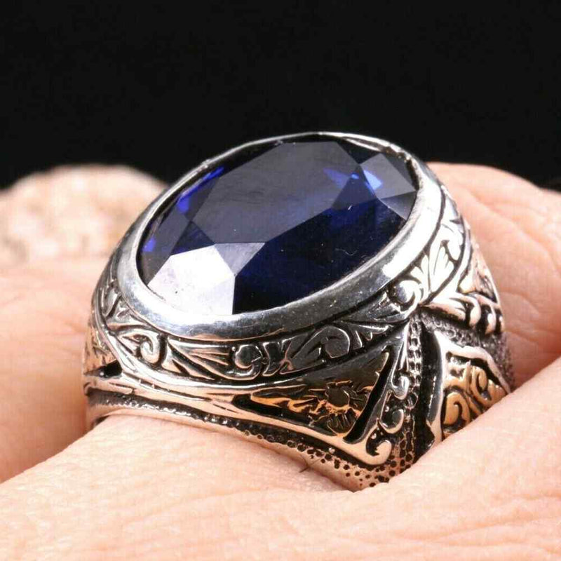 925 Sterling Silver Blue Sapphire Stone Handmade Ring for Men silverbazaaristanbul 