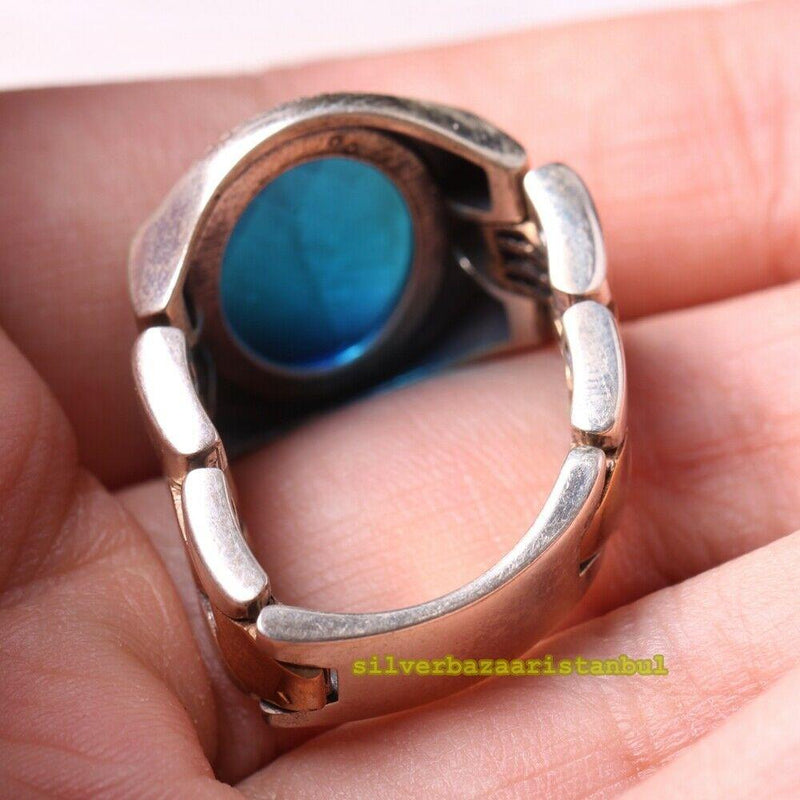 925 Sterling Silver Clock Model Aquamarine Stone Mens Ring silverbazaaristanbul 