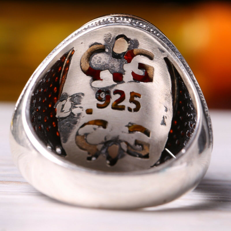 925 Sterling Silver Fossil Amber and Zircon Stone Mens Ring silverbazaaristanbul 