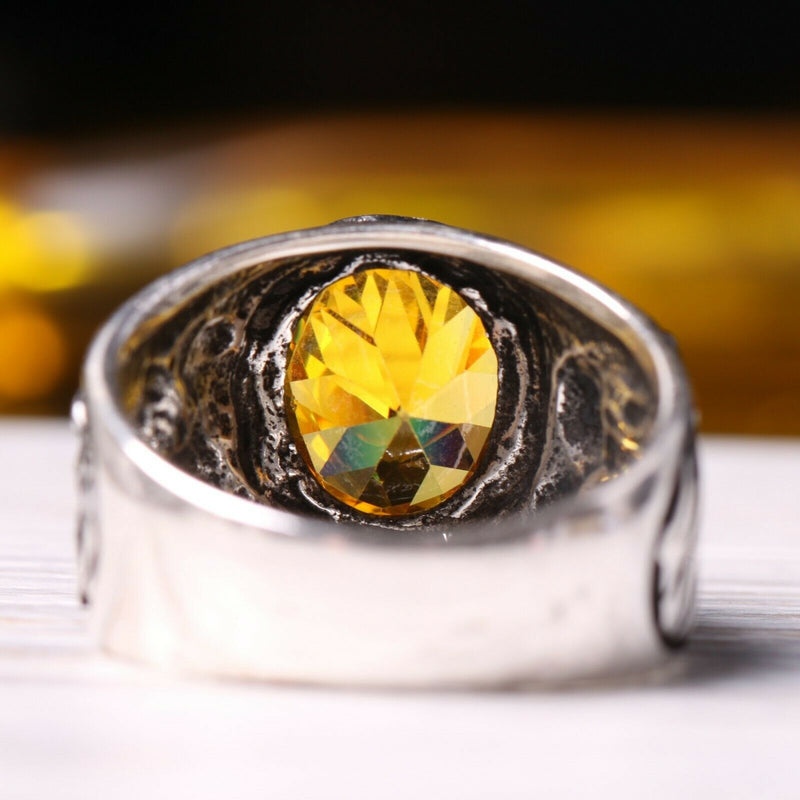 925 Sterling Silver Gazelle Style Yellow Citrine Stone Mens Ring silverbazaaristanbul 