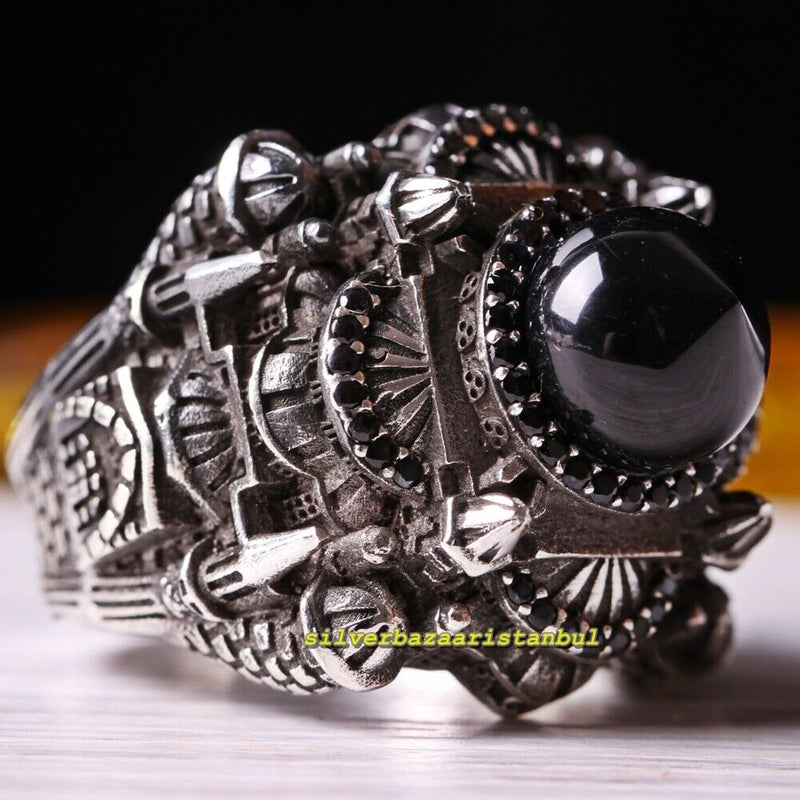 925 Sterling Silver Islamic Mosque Black Onyx Stone Mens Ring silverbazaaristanbul 