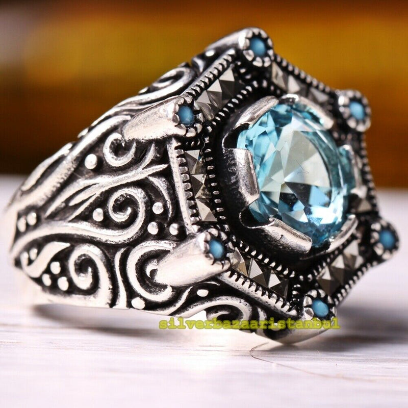 925 Sterling Silver Light Color Aquamarine and Turquoise Mens Ring silverbazaaristanbul 