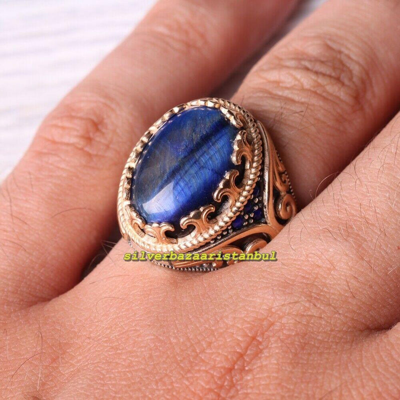 925 Sterling Silver Natural Blue Tigers Eye Stone Mens Ring silverbazaaristanbul 