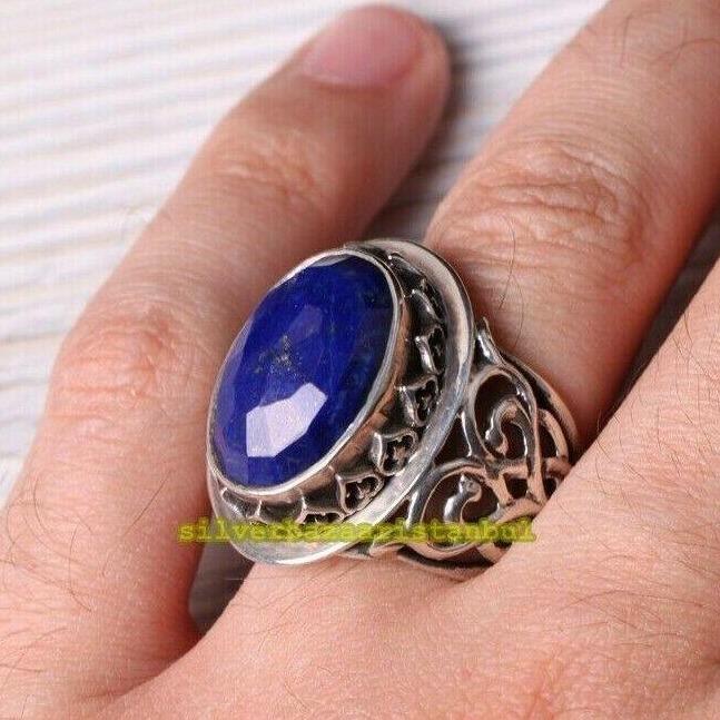 925 Sterling Silver Natural Lapis Stone Luxury Mens Ring silverbazaaristanbul 