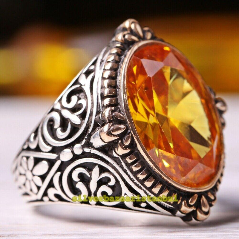 925 Sterling Silver Original Yellow Citrine Stone Mens Ring silverbazaaristanbul 