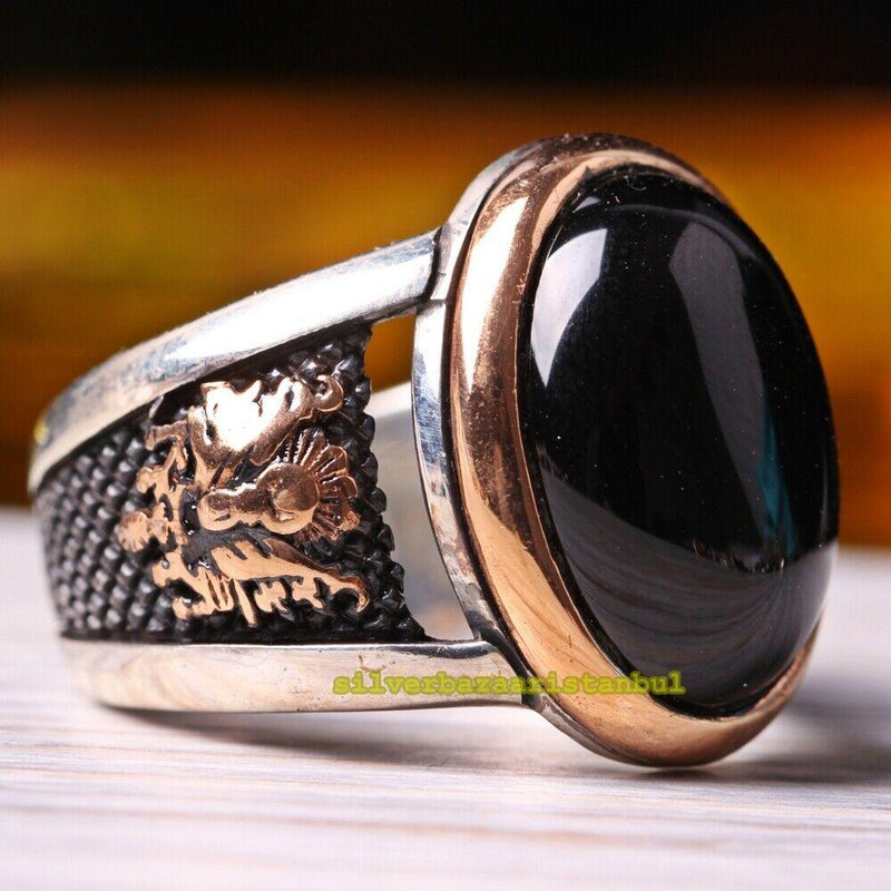 925 Sterling Silver Ottoman Black Onyx Stone Heavy Mens Ring silverbazaaristanbul 