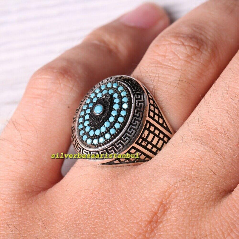 925 Sterling Silver Oval Micro Turquoise Stone Mens Ring silverbazaaristanbul 