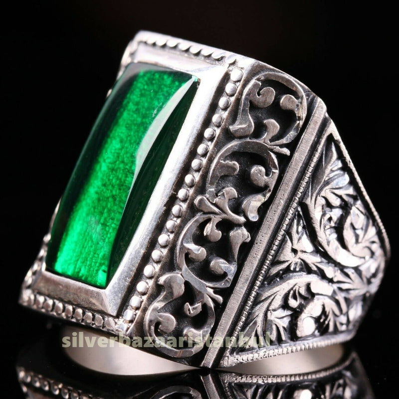 925 Sterling Silver Pencil Work Green Emerald Stone Mens Ring silverbazaaristanbul 