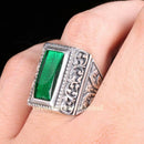 925 Sterling Silver Pencil Work Green Emerald Stone Mens Ring silverbazaaristanbul 