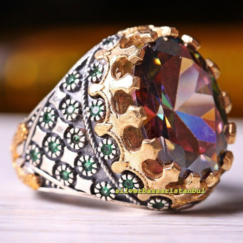 925 Sterling Silver Turkish Tourmaline Rainbow Emerald Mens Ring silverbazaaristanbul 