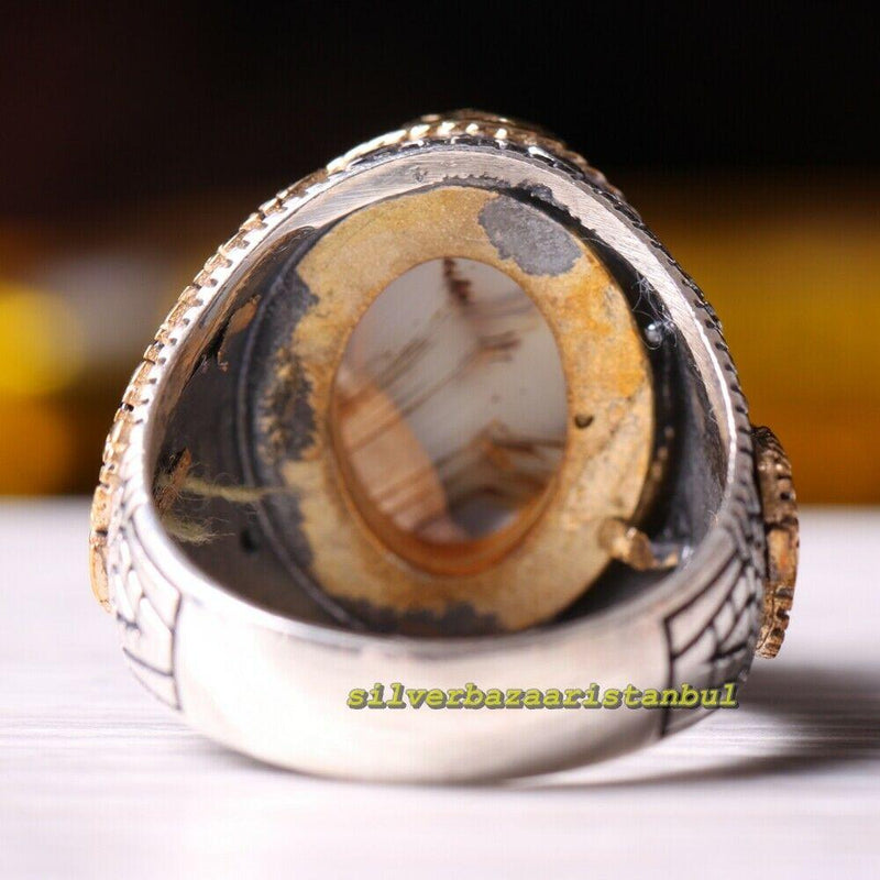 925 Sterling Silver Yemen Agate Aqeeq and Onyx Lux Mens Ring silverbazaaristanbul 