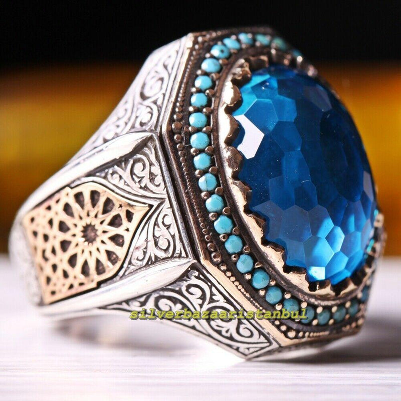 Aquamarine and Turquoise Stone 925 Sterling Silver Mens Ring silverbazaaristanbul 