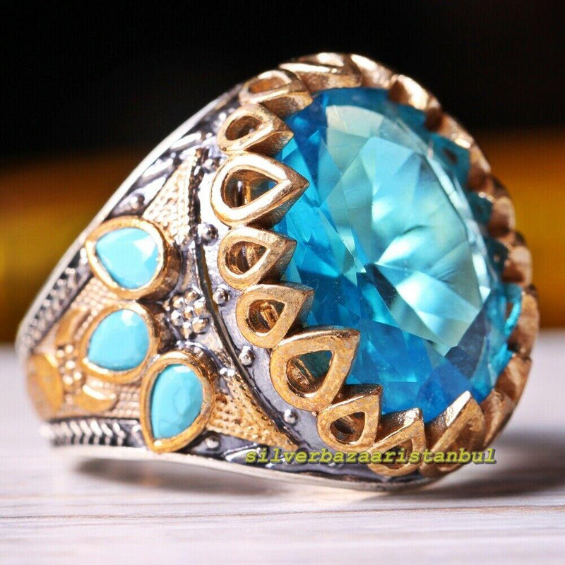 Aquamarine and Turquoise Stone Luxury 925 Sterling Silver Mens Ring silverbazaaristanbul 