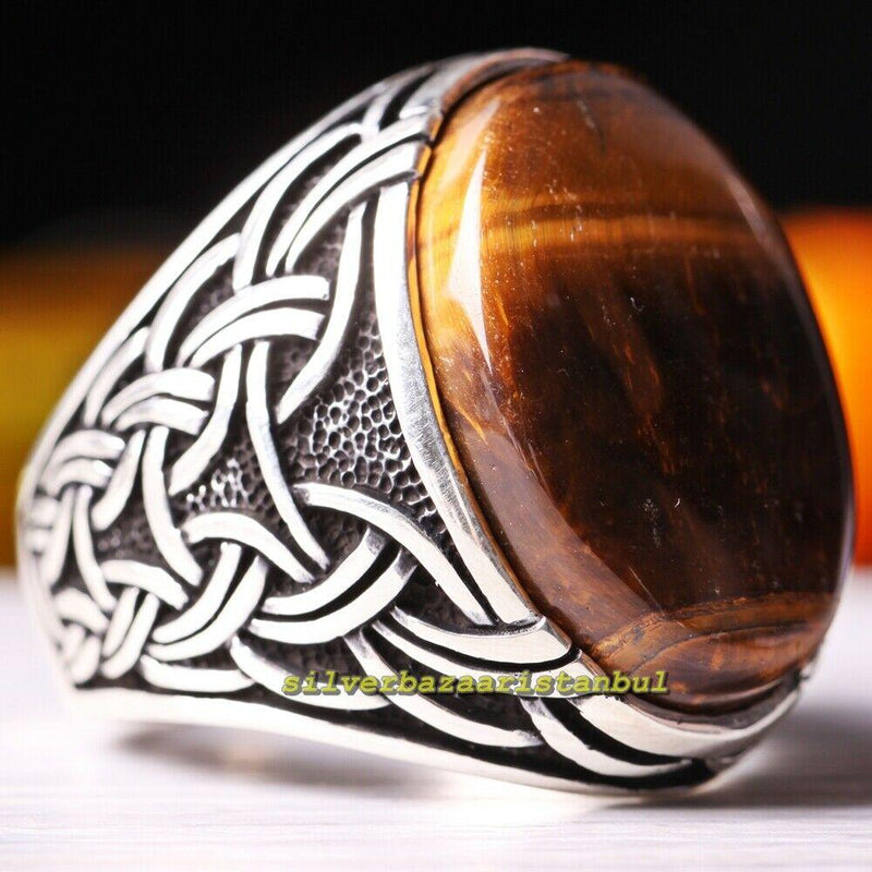 Big Heavy Natural Brown Tigers Eye Stone 925 Sterling Silver Mens Ring silverbazaaristanbul 