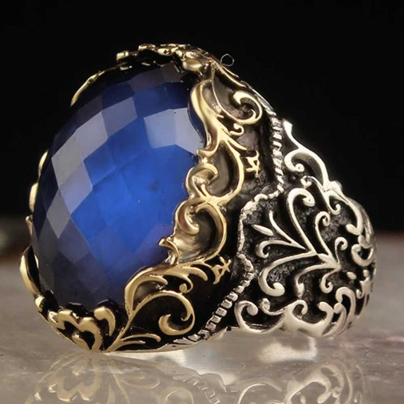 Brilliant Sapphire Stone 925 Sterling Silver Excellent Cut Mens Ring silverbazaaristanbul 