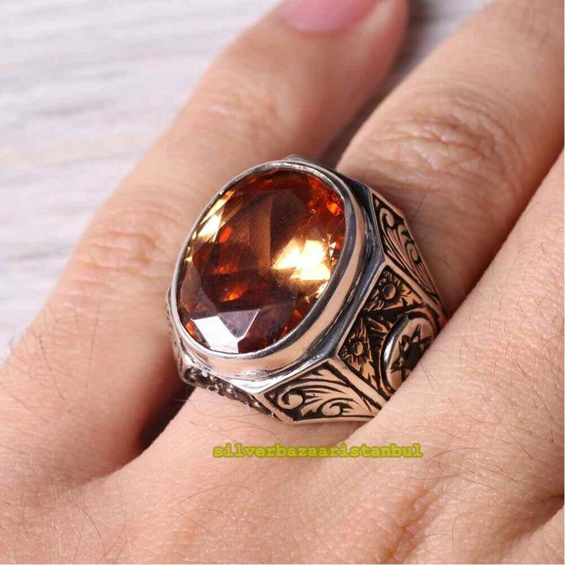 Champagne Citrine Stone Heavy 925 Sterling Silver Mens Ring silverbazaaristanbul 