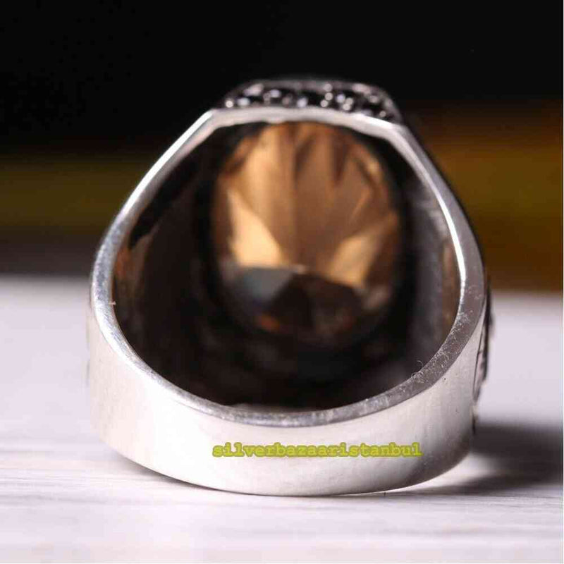 Champagne Citrine Stone Heavy 925 Sterling Silver Mens Ring silverbazaaristanbul 