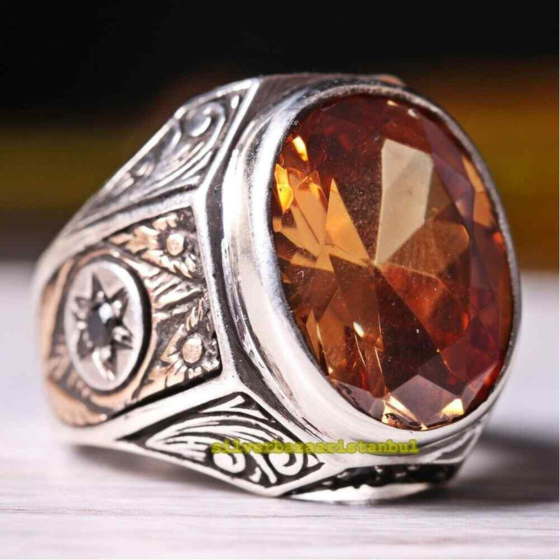 Champagne Citrine Stone Heavy 925 Sterling Silver Mens Ring silverbazaaristanbul 