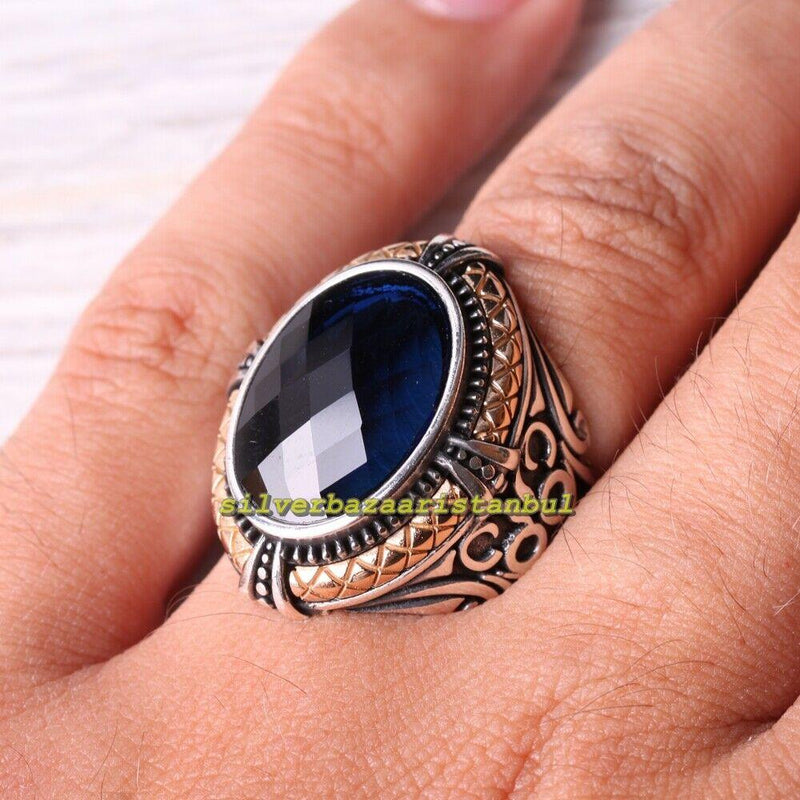 Claw Series Blue Sapphire Stone Handmade 925 Sterling Silver Mens Ring silverbazaaristanbul 
