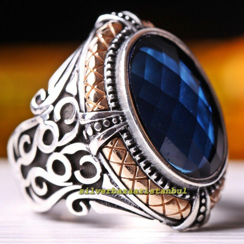 Claw Series Blue Sapphire Stone Handmade 925 Sterling Silver Mens Ring silverbazaaristanbul 