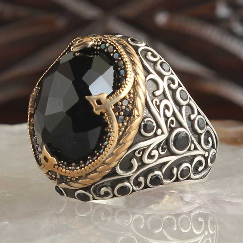 Crystal Cut Black Onyx Stone 925 Sterling Silver Mens Ring silverbazaaristanbul 