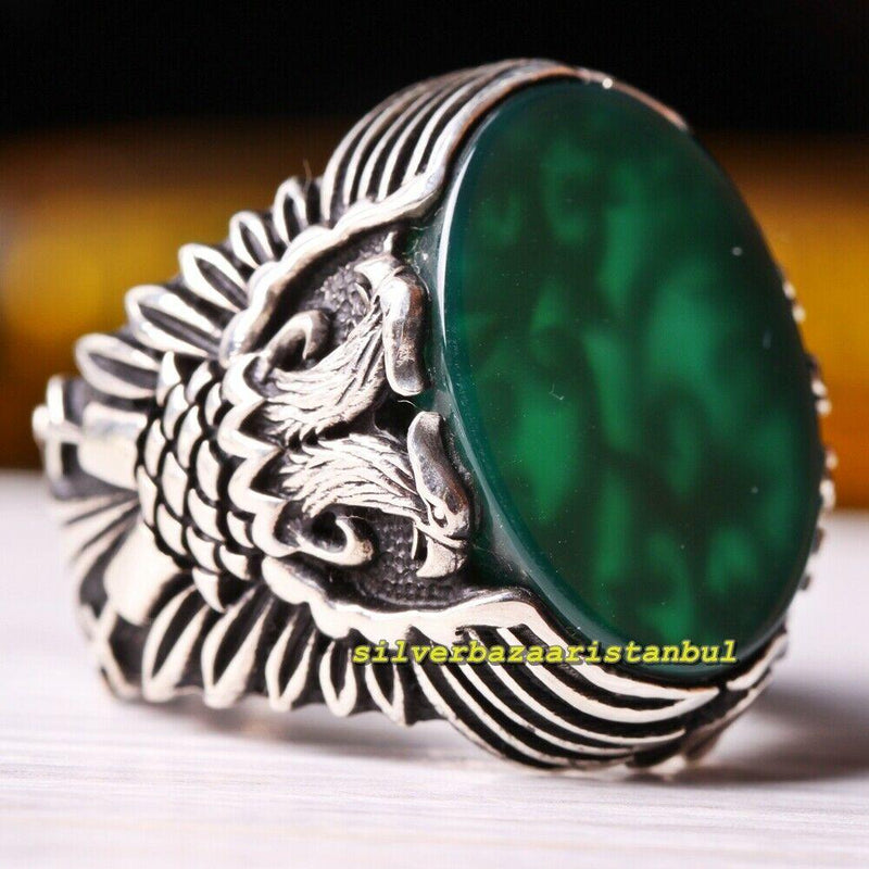 Double Eagle Design Green Agate Stone 925 Sterling Silver Mens Ring silverbazaaristanbul 