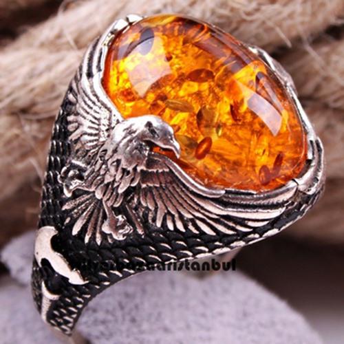 Eagle Amber Stone 925 Sterling Silver Mens Ring silverbazaaristanbul 