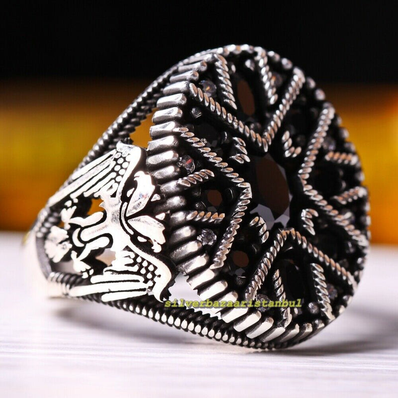 Eagle Design Handmade 925 Sterling Silver Black Onyx Stone Mens Ring silverbazaaristanbul 