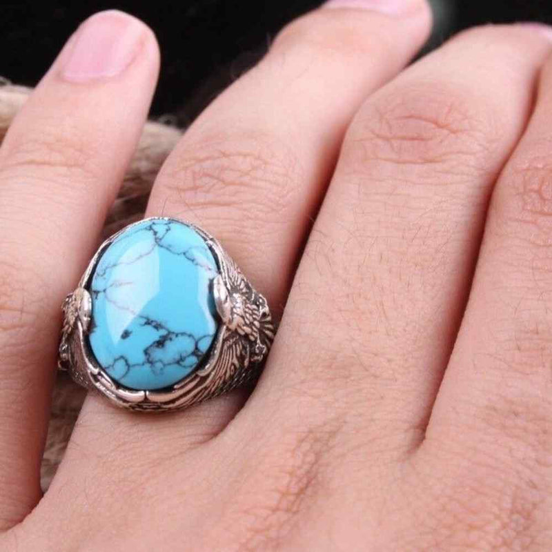 Eagle Style 925 Sterling Silver Turquoise Stone Freedom Mens Ring silverbazaaristanbul 