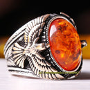 Eagle Style Orange Amber Stone Handmade 925 Sterling Silver Mens Ring silverbazaaristanbul 