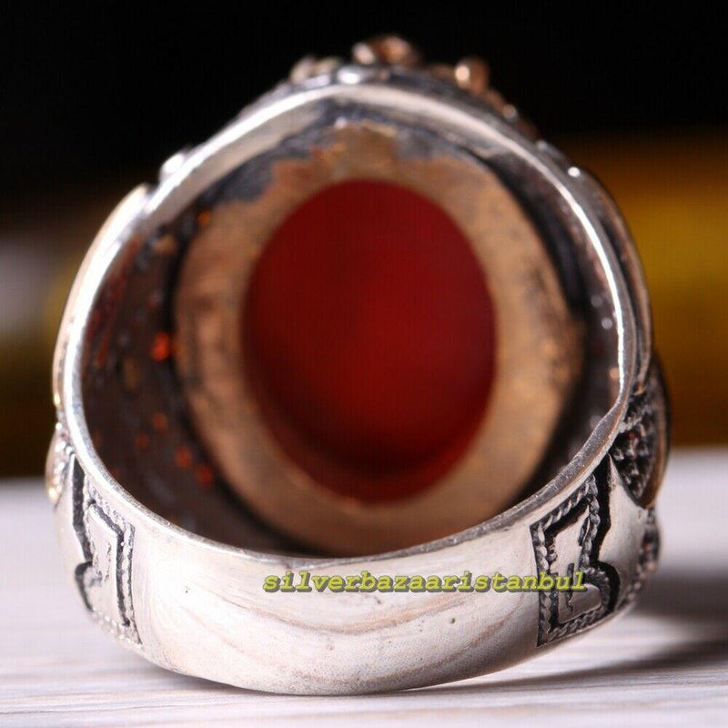 Excellent Red Agate Aqeeq Stone 925 Sterling Silver Mens Ring silverbazaaristanbul 