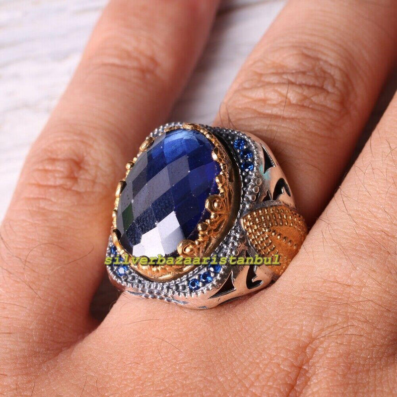 Faceted Small Sapphire Stones 925 Sterling Silver Mens Ring silverbazaaristanbul 