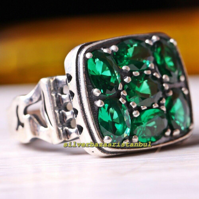 Flashy Multi Emerald Stones 925 Sterling Silver Mens Ring silverbazaaristanbul 