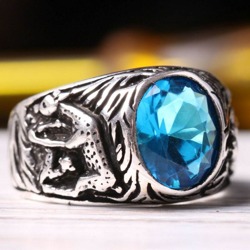 Gazelle Style Bright Aquamarine Stone 925 Sterling Silver Mens Ring silverbazaaristanbul 