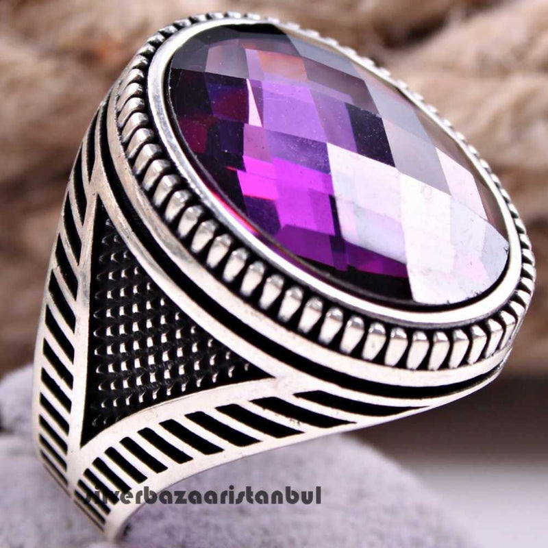 Gorgeous 925 Sterling Silver Amethyst Stone Mens Ring silverbazaaristanbul 