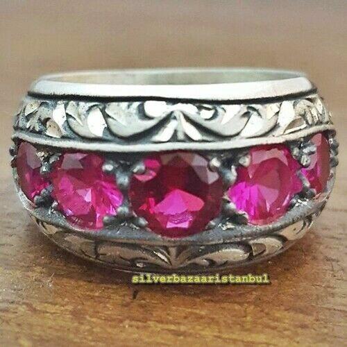 Hand Engraved 925 Sterling Silver Authentic Ruby Stone Mens Ring silverbazaaristanbul 