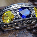 Hand Engraved 925 Sterling Silver Citrine and Sapphire Stone Mens Ring silverbazaaristanbul 