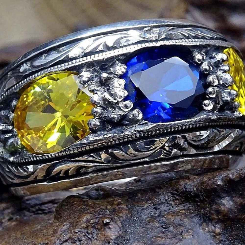 Hand Engraved 925 Sterling Silver Citrine and Sapphire Stone Mens Ring silverbazaaristanbul 