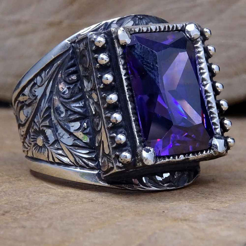 Hand Engraved Luxury 925 Sterling Silver Amethyst Mens Ring silverbazaaristanbul 