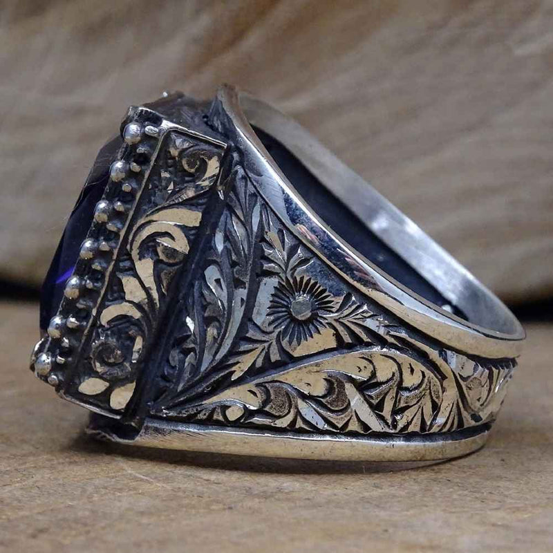 Hand Engraved Luxury 925 Sterling Silver Amethyst Mens Ring silverbazaaristanbul 