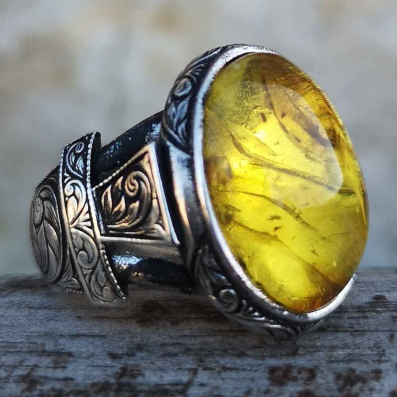 Hand Engraved Natural Drop Amber 925 Sterling Silver Luxury Mens Ring silverbazaaristanbul 