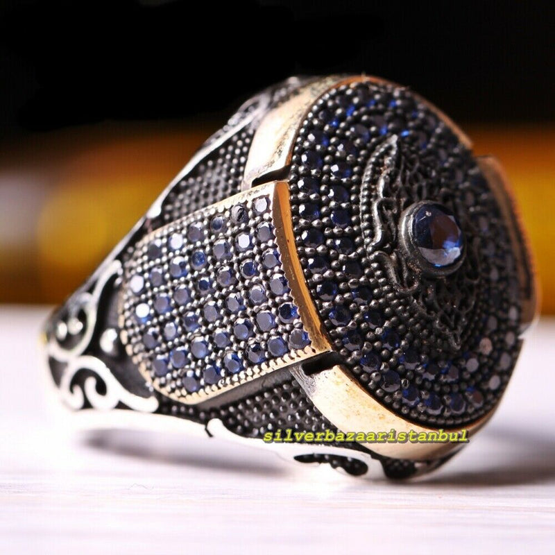 Handmade 925 Sterling Full Small Blue Sapphire Stone Mens Ring silverbazaaristanbul 