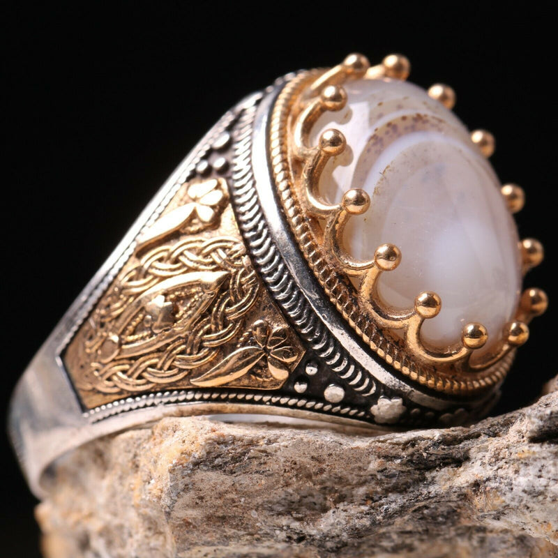 Handmade 925 Sterling Natural Yemeni Agate Aqeeq Mens Ring silverbazaaristanbul 