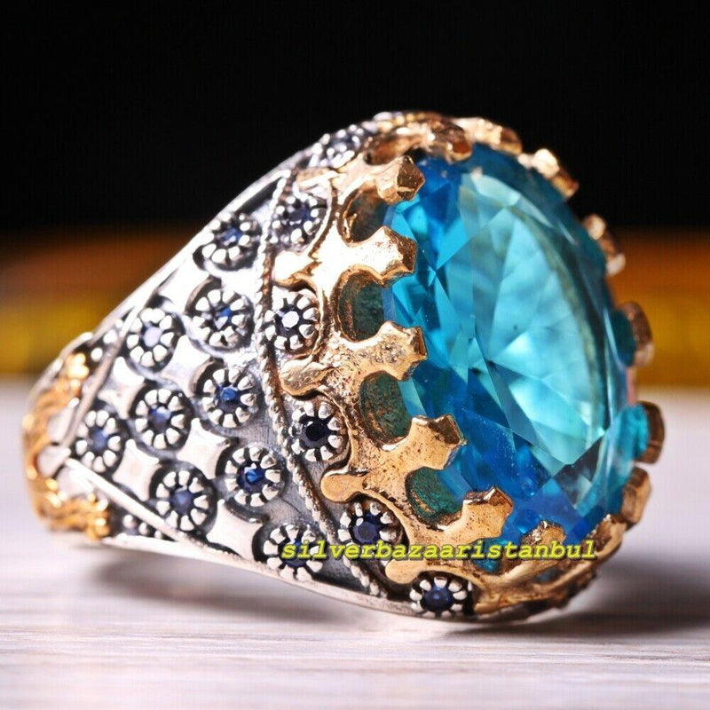 Handmade 925 Sterling Silver Aquamarine and Sapphire Stone Mens Ring silverbazaaristanbul 