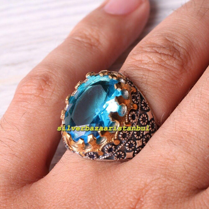 Handmade 925 Sterling Silver Aquamarine and Sapphire Stone Mens Ring silverbazaaristanbul 