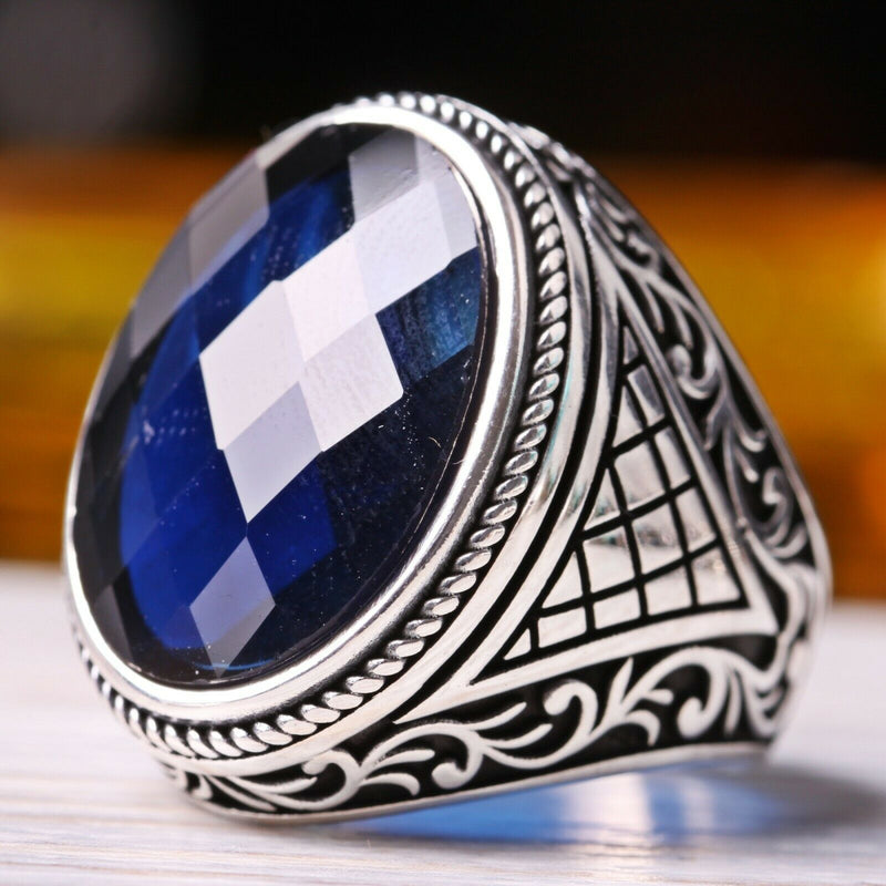 Handmade 925 Sterling Silver Facet Sapphire Stone Mens Ring silverbazaaristanbul 