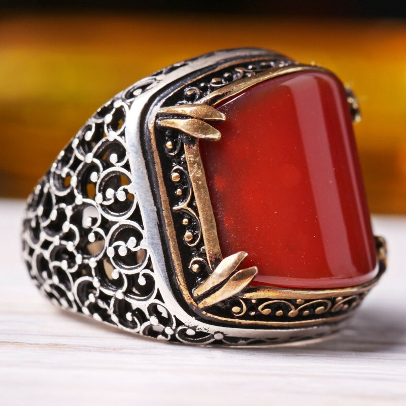 Handmade 925 Sterling Silver Four Corners Agate Aqeeq Stone Mens Ring silverbazaaristanbul 